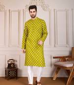 Olive smart and stylish printed cotton fabric kurta pajama for mens