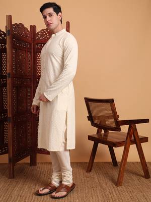 Off white rayon fabric chikankari embroidery work traditional kurta pajama for mens 5