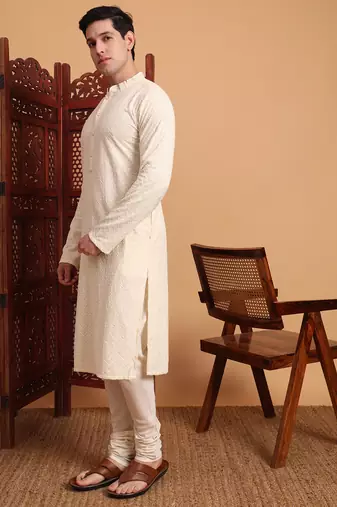 Off white rayon fabric chikankari embroidery work traditional kurta pajama for mens