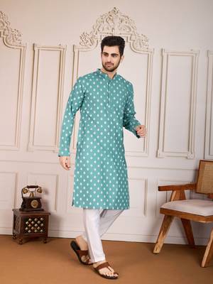 Sea green smart and stylish printed cotton fabric kurta pajama for mens 4