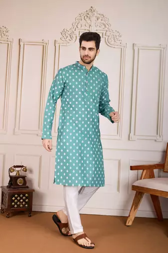 Sea green smart and stylish printed cotton fabric kurta pajama for mens