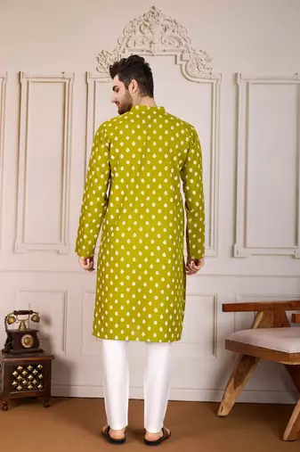 Olive smart and stylish printed cotton fabric kurta pajama for mens