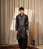 Black designer embroidery work greek satin fabric stylish kurta pajama for mens