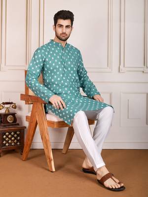 Sea green smart and stylish printed cotton fabric kurta pajama for mens 5
