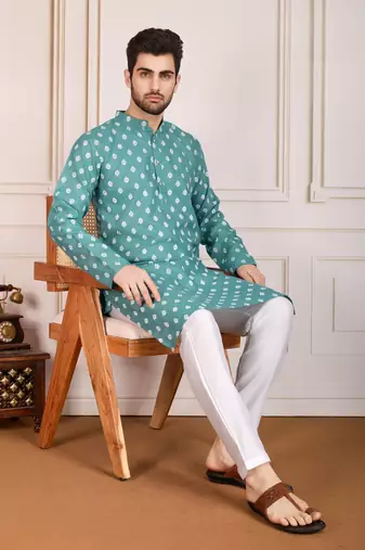 Sea green smart and stylish printed cotton fabric kurta pajama for mens