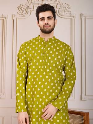 Olive smart and stylish printed cotton fabric kurta pajama for mens 3
