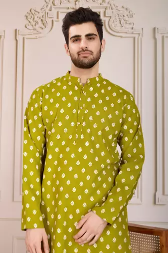 Olive smart and stylish printed cotton fabric kurta pajama for mens