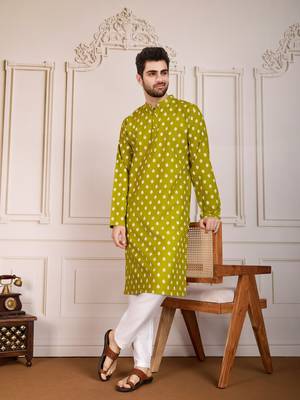 Olive smart and stylish printed cotton fabric kurta pajama for mens 4