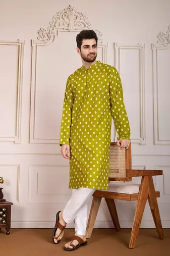 Olive smart and stylish printed cotton fabric kurta pajama for mens
