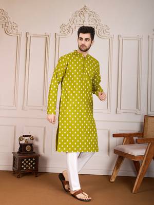 Olive smart and stylish printed cotton fabric kurta pajama for mens 5