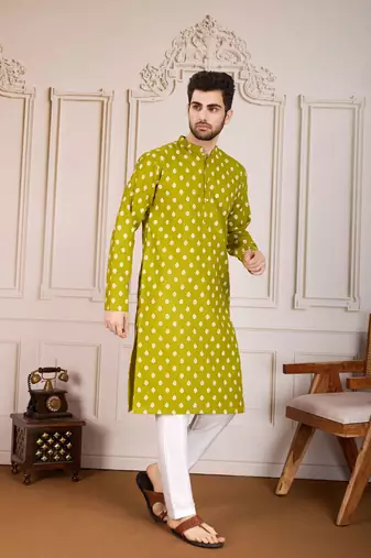 Olive smart and stylish printed cotton fabric kurta pajama for mens