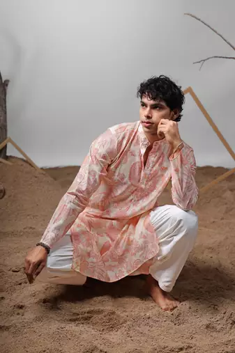 Pink printed modal fabric stylish kurta pajama for mens