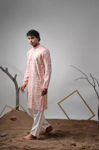 Pink printed modal fabric stylish kurta pajama for mens