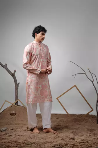 Pink printed modal fabric stylish kurta pajama for mens