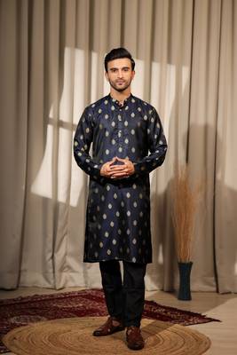 Navy Blue viscosee jacquard fabric woven ethnic ceremonial kurta pajama for mens 1