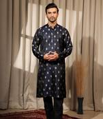Navy Blue viscosee jacquard fabric woven ethnic ceremonial kurta pajama for mens