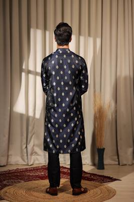 Navy Blue viscosee jacquard fabric woven ethnic ceremonial kurta pajama for mens 2