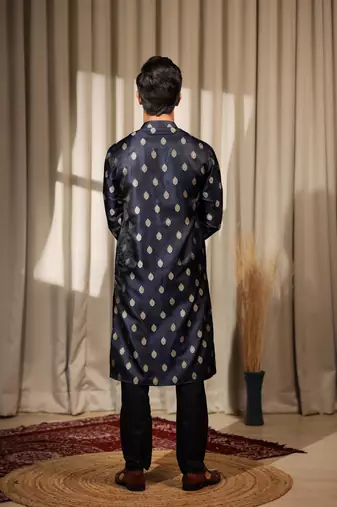 Navy Blue viscosee jacquard fabric woven ethnic ceremonial kurta pajama for mens