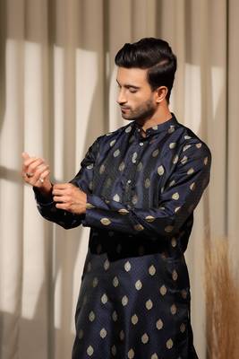 Navy Blue viscosee jacquard fabric woven ethnic ceremonial kurta pajama for mens 3