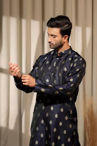 Navy Blue viscosee jacquard fabric woven ethnic ceremonial kurta pajama for mens