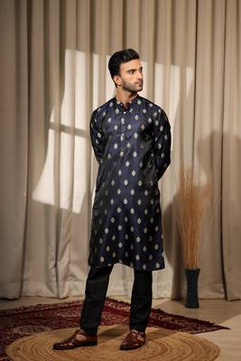 Navy Blue viscosee jacquard fabric woven ethnic ceremonial kurta pajama for mens 4