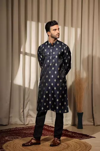 Navy Blue viscosee jacquard fabric woven ethnic ceremonial kurta pajama for mens