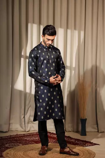 Navy Blue viscosee jacquard fabric woven ethnic ceremonial kurta pajama for mens