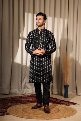 Black viscosee fabric embroidery work ethnic ceremonial kurta pajama fo mens 1
