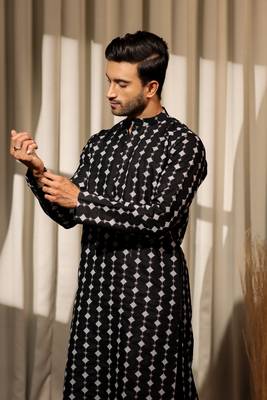 Black viscosee fabric embroidery work ethnic ceremonial kurta pajama fo mens 3