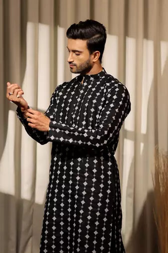 Black viscosee fabric embroidery work ethnic ceremonial kurta pajama fo mens