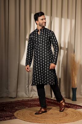 Black viscosee fabric embroidery work ethnic ceremonial kurta pajama fo mens 4
