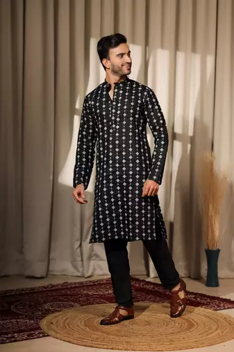 Black viscosee fabric embroidery work ethnic ceremonial kurta pajama fo mens
