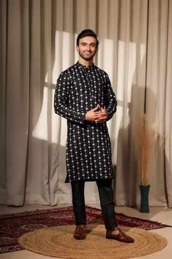 Black viscosee fabric embroidery work ethnic ceremonial kurta pajama fo mens