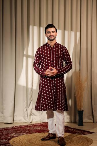 Maroon viscose fabric designer embroidery work ethnic ceremonial kurta pajama for mens