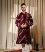 Maroon viscosee fabric embroidery work ethnic ceremonial kurta pajama for mens