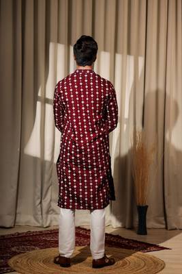 Maroon viscosee fabric embroidery work ethnic ceremonial kurta pajama for mens 2