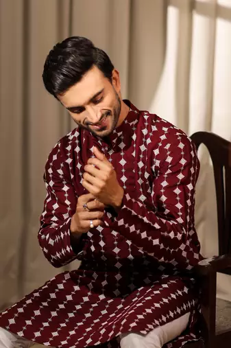 Maroon viscosee fabric embroidery work ethnic ceremonial kurta pajama for mens