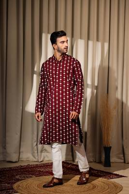 Maroon viscosee fabric embroidery work ethnic ceremonial kurta pajama for mens 4