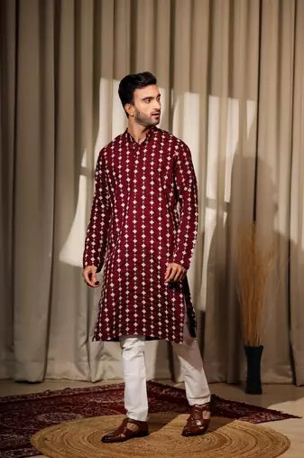 Maroon viscosee fabric embroidery work ethnic ceremonial kurta pajama for mens