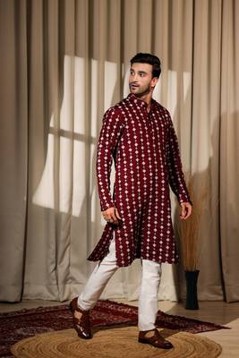Maroon viscosee fabric embroidery work ethnic ceremonial kurta pajama for mens 5