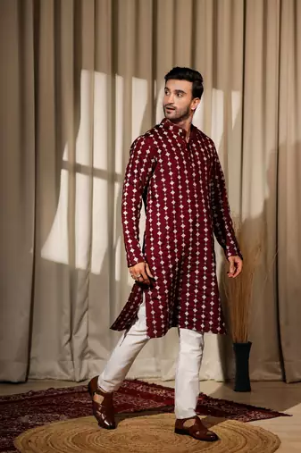 Maroon viscosee fabric embroidery work ethnic ceremonial kurta pajama for mens