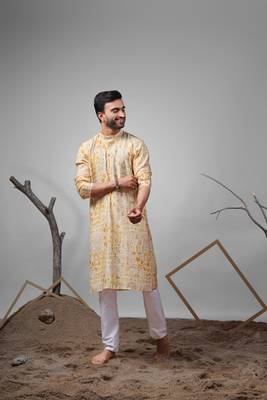 Yellow modal silk fabric printed ethnic ceremonial kurta pajama for mens 1