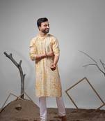 Yellow modal silk fabric printed ethnic ceremonial kurta pajama for mens