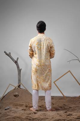 Yellow modal silk fabric printed ethnic ceremonial kurta pajama for mens 2