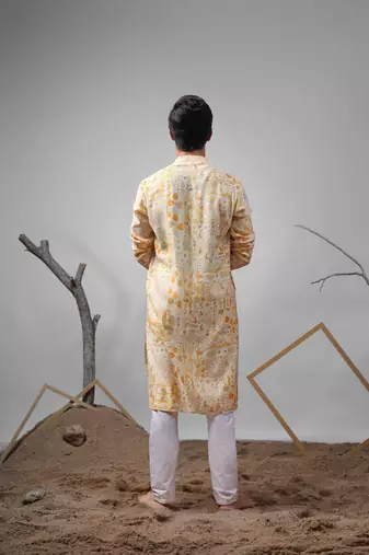 Yellow modal silk fabric printed ethnic ceremonial kurta pajama for mens