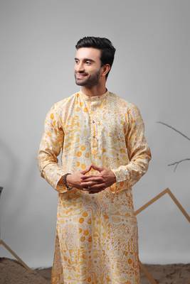 Yellow modal silk fabric printed ethnic ceremonial kurta pajama for mens 3