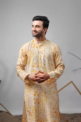Yellow modal silk fabric printed ethnic ceremonial kurta pajama for mens