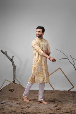 Yellow modal silk fabric printed ethnic ceremonial kurta pajama for mens 4