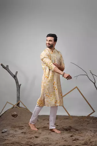 Yellow modal silk fabric printed ethnic ceremonial kurta pajama for mens