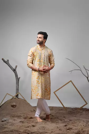 Yellow modal silk fabric printed ethnic ceremonial kurta pajama for mens